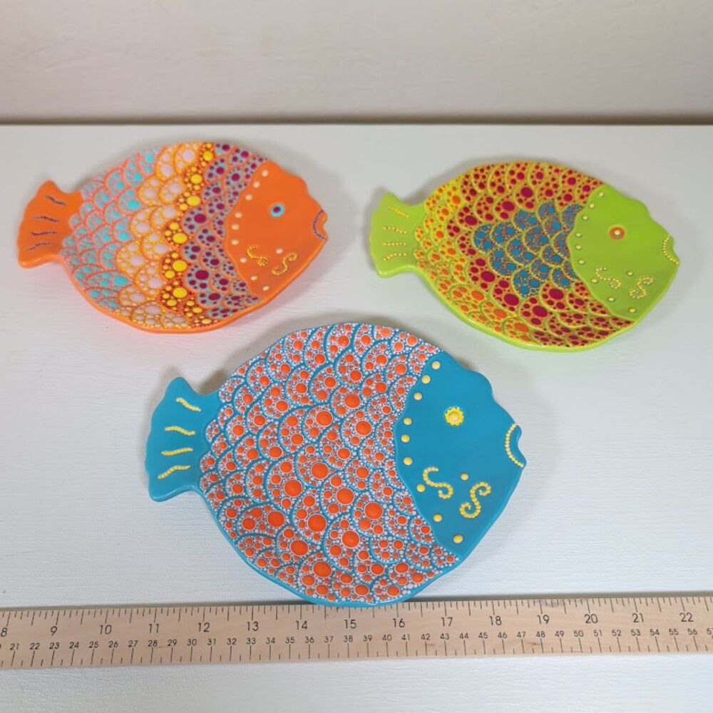 Set of 3 Hand Painted Ceramic Fish Shaped Decorative Plates Dot Art Mandala